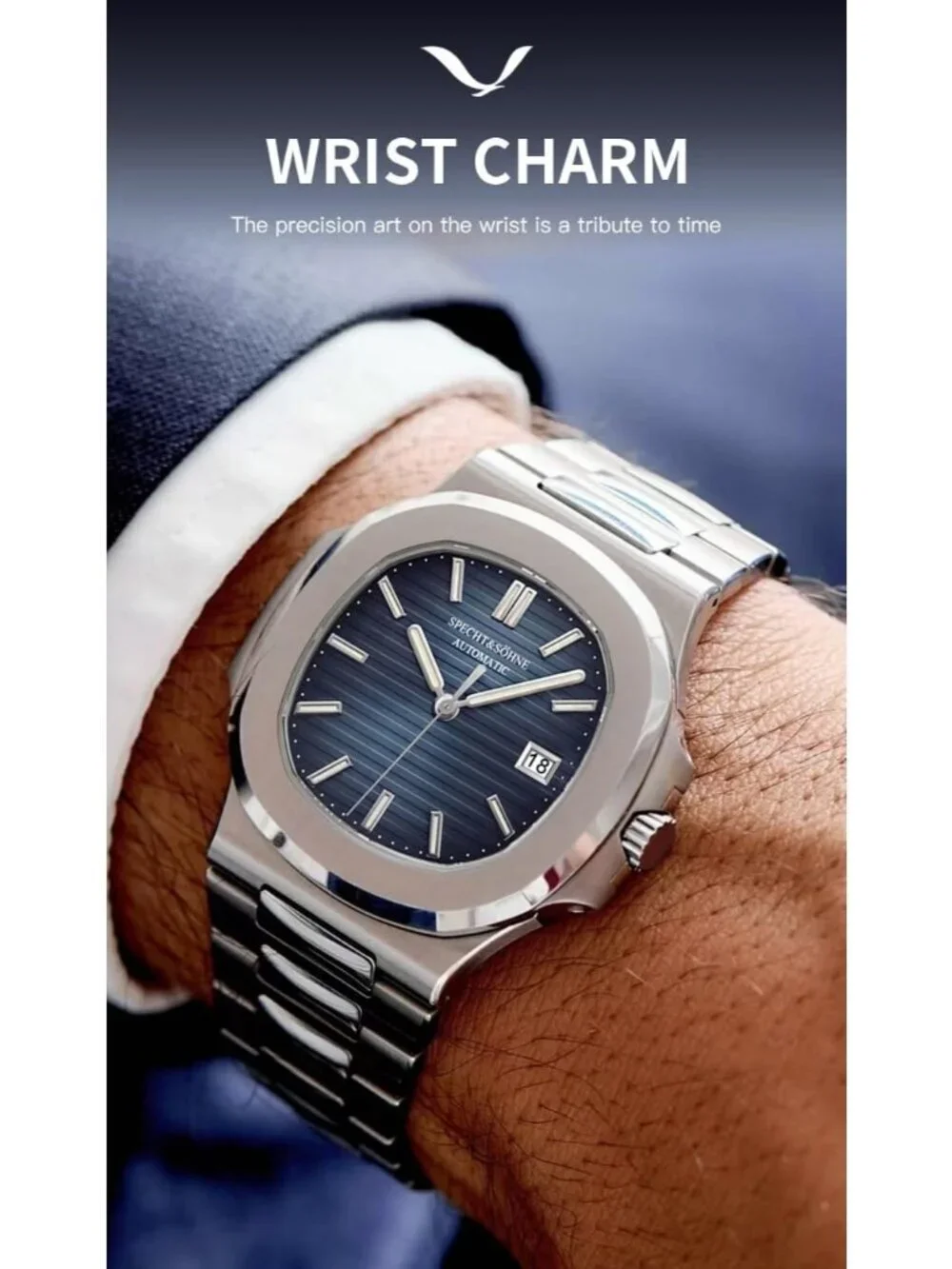 Men's Blue Silver Automatic Mechanical Sapphire Crystal Waterproof Wrist Watch
